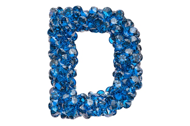 Letter D van blauwe diamanten of saffieren met briljant geslepen 3D-weergave