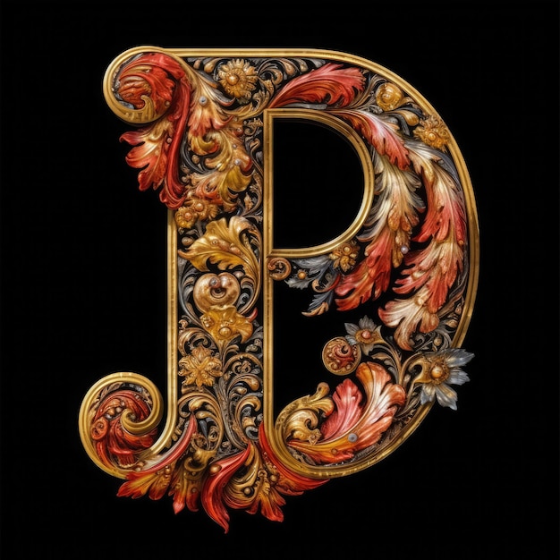 A letter D with gold leaves and flowers on a black background