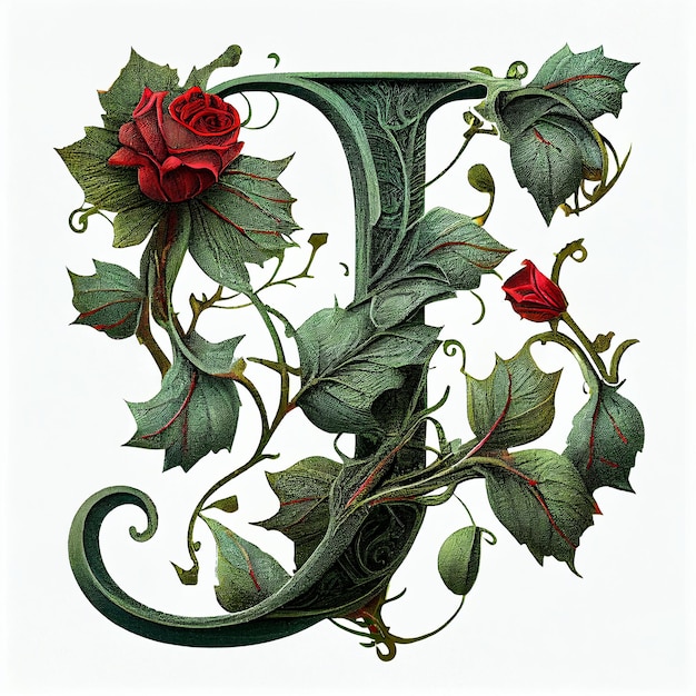 Letter deep green engraved with graceful vines flower
