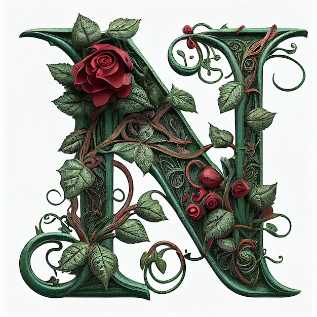 Letter deep green engraved with graceful vines flower