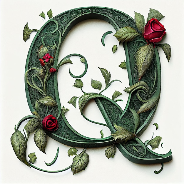 Letter deep green engraved with graceful vines flower