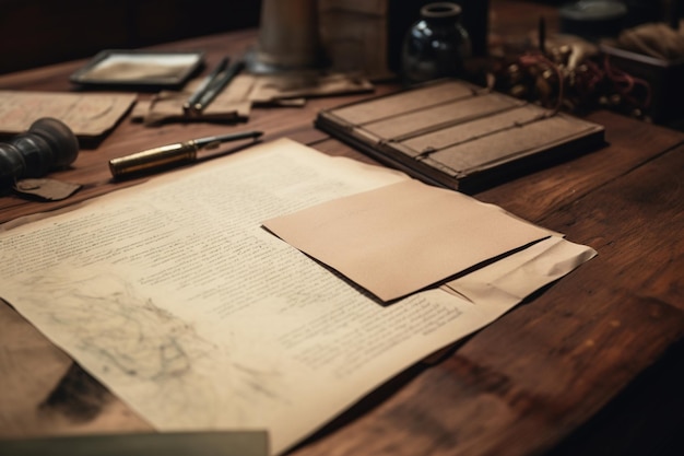 A letter on a desk with a pen and glasses on it