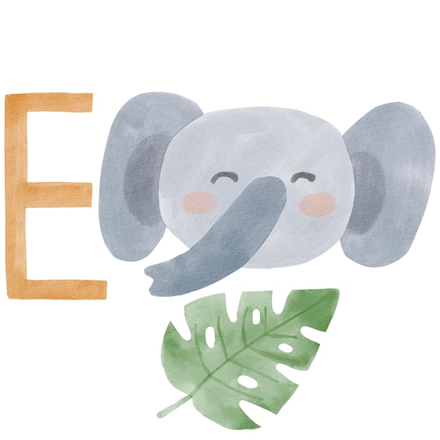 Letter E elephant Safari watercolor alphabet letter. African ABC Jungle exotical animals nursery let