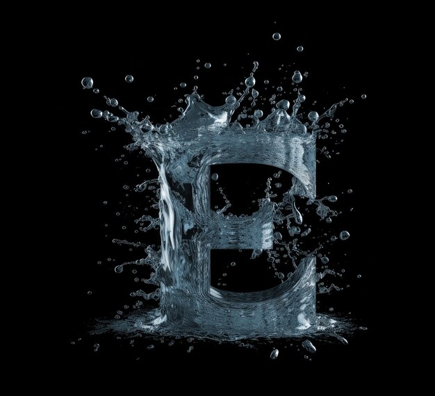 Photo letter e of the english alphabet in the form of a splash of water with drops on a black background