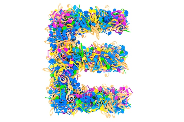 Letter E from colored musical notes 3D rendering