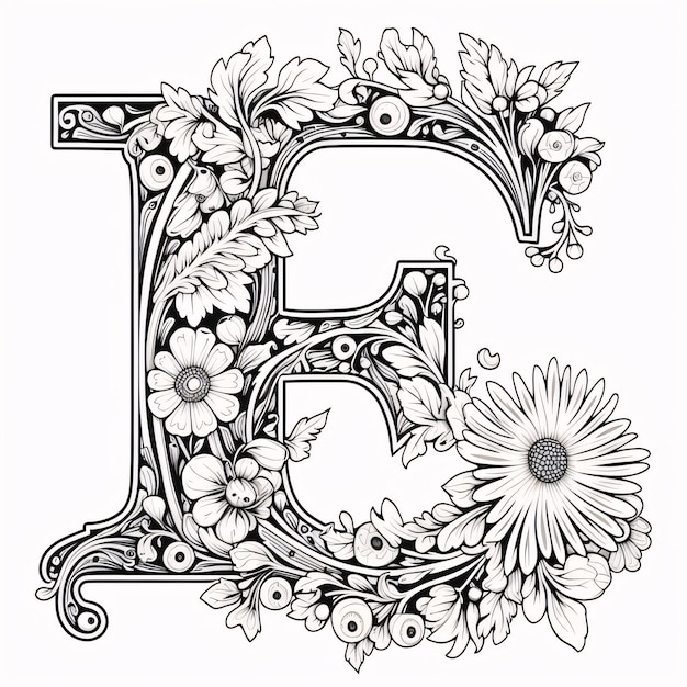 Photo letter e in the gothic style with flowers and leaves vector illustration