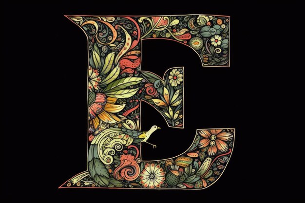 Photo letter e handdrawn doodle style on black background