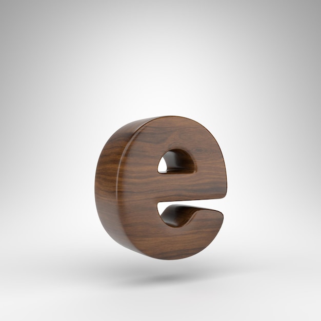 Letter E kleine letters op witte achtergrond. Donker eiken 3D-gerenderde lettertype met bruine houtstructuur.