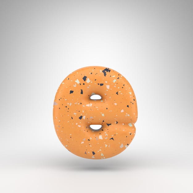 Letter E lowercase on white background. 3D rendered font with orange terrazzo pattern texture.