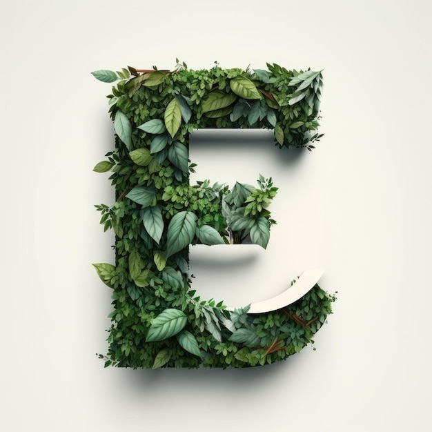 Letter E made of green leaves Nature alphabet