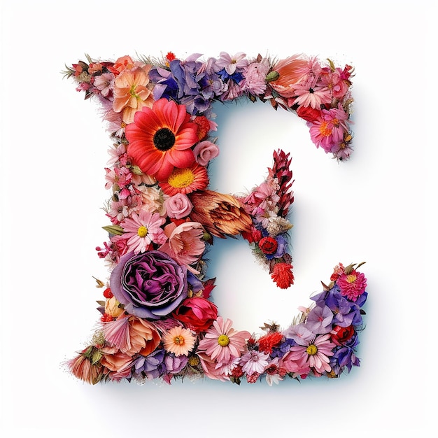 The letter E typography made out of flowers bright white background