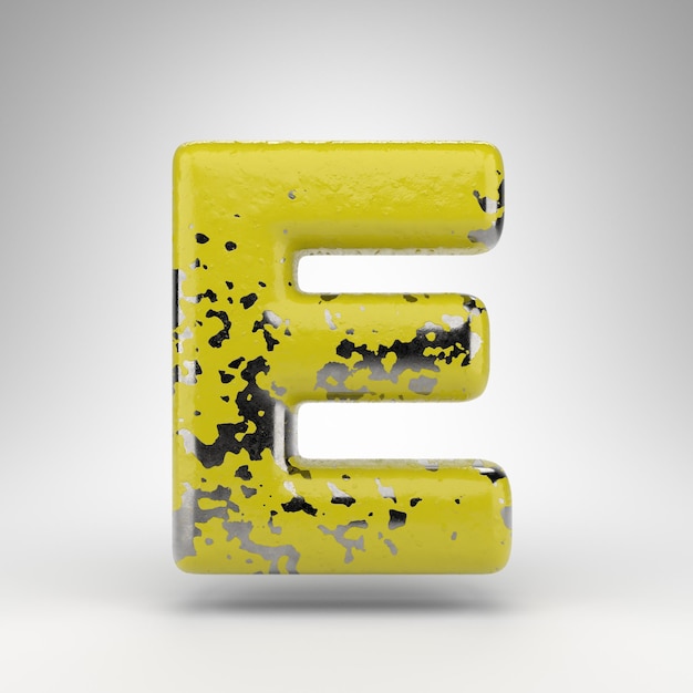 Photo letter e uppercase on white background. 3d rendered font with old yellow paint on gloss metal texture.