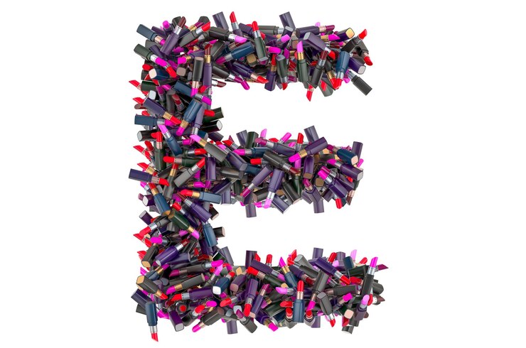 Foto letter e van gekleurde lippenstiften 3d-rendering