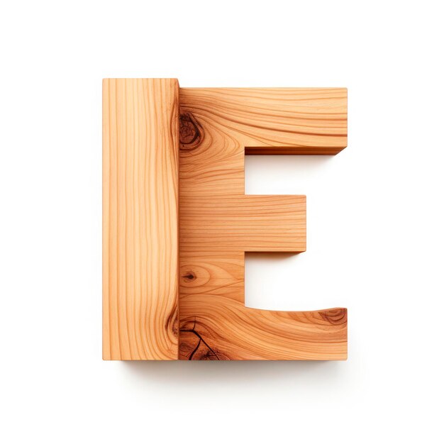 Foto letter e van hout 3d op een witte achtergrond