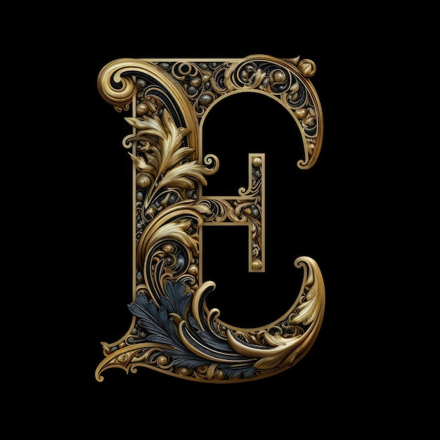 Photo a letter e with gold leaves and flowers on a black background