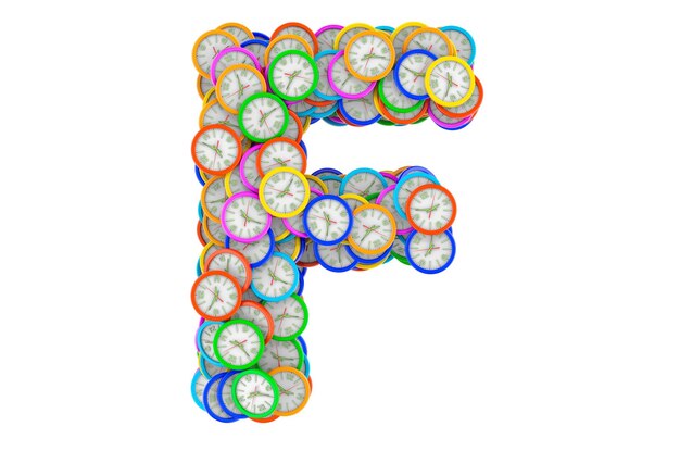 Photo letter f from colored wall clocks 3d rendering