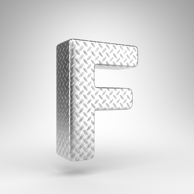 Letter F hoofdletters op witte achtergrond. Aluminium 3D-gerenderde lettertype met geruite plaattextuur.