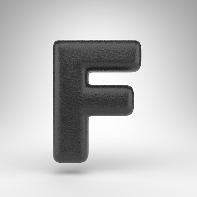 Letter F hoofdletters op witte achtergrond. Zwart lederen 3D-gerenderde lettertype met huidtextuur.