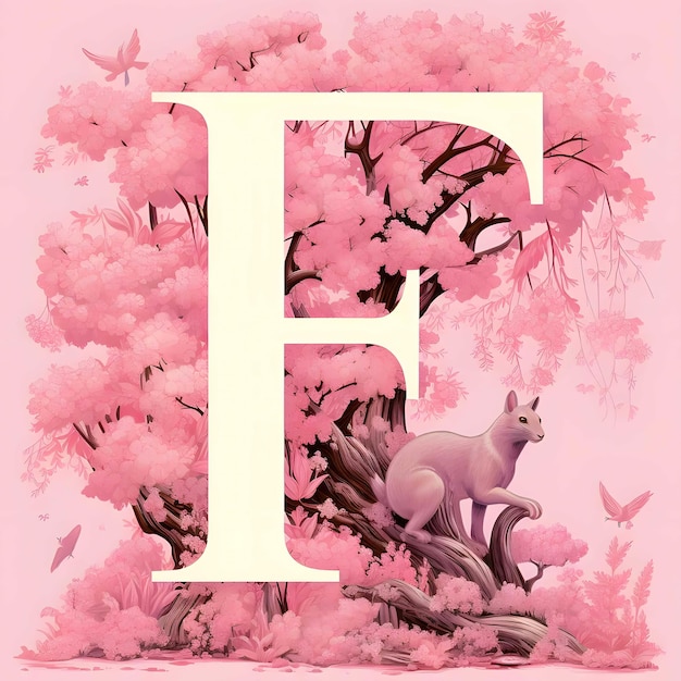 The letter f is surrounded by pink flowers