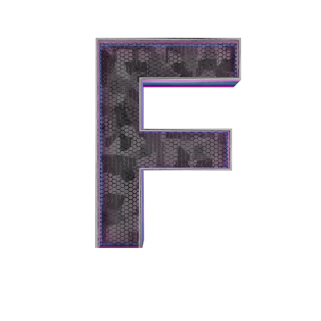 Letter f metallic futuristische lettertype met blauwe neonlichten 3d render