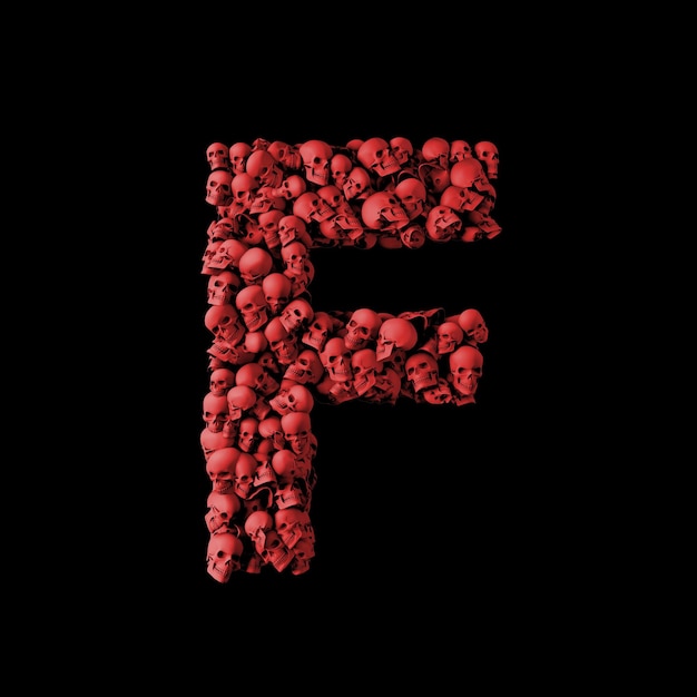 Letter F red skull font Type made from skulls 3D Rendering