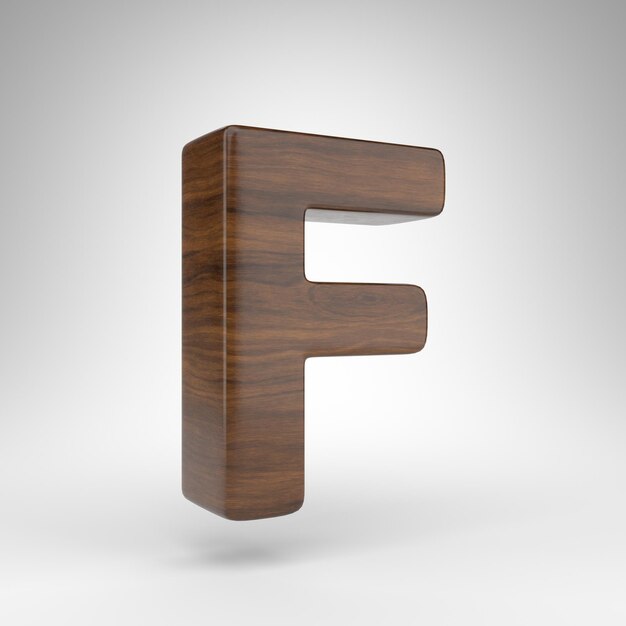 Letter F uppercase on white background. Dark oak 3D rendered font with brown wood texture.