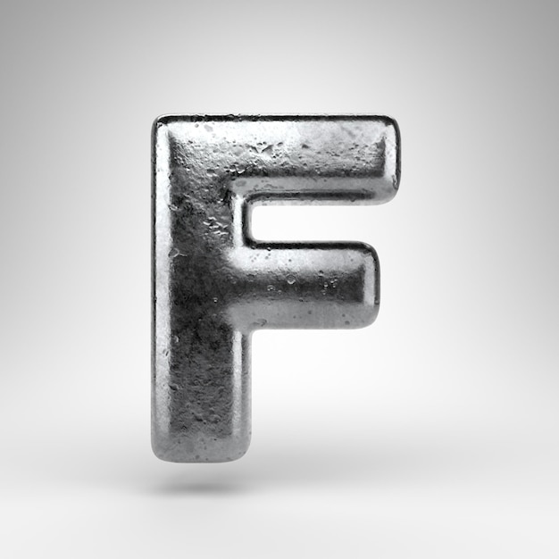 Letter F uppercase on white background. Iron 3D rendered font with gloss metal texture.