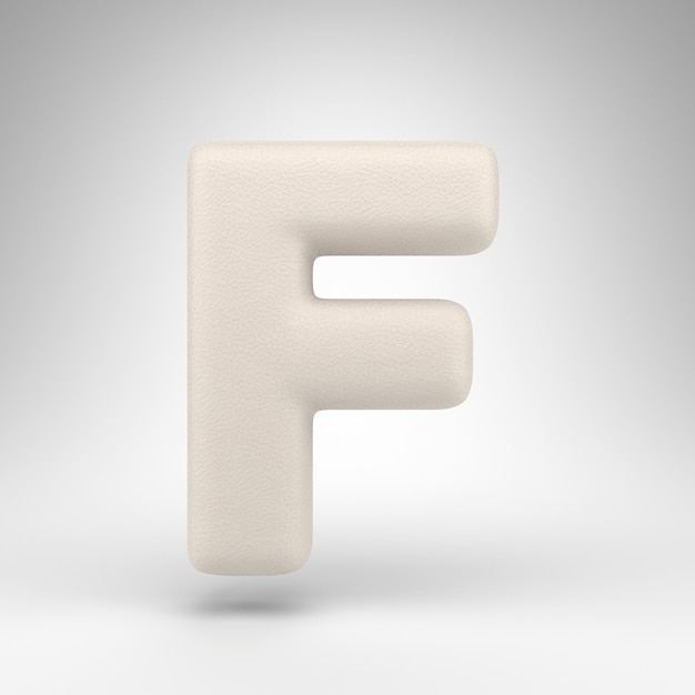 Letter F uppercase on white background. White leather 3D rendeWhite font with skin texture.