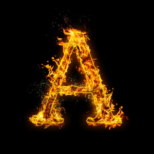 Photo letter a. fire flames on black , realistic fire effect with sparks.