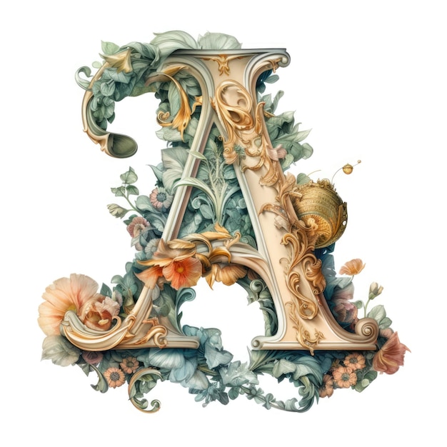 Letter A Floral monogram colorful Vintage ornament initial Alphabet spiral scroll style