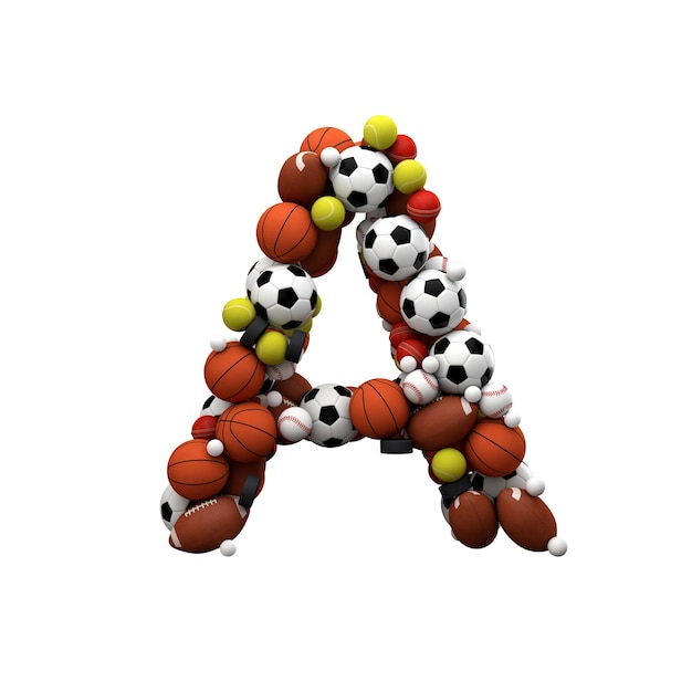 Letter A Font made from sports balls 3D Rendering