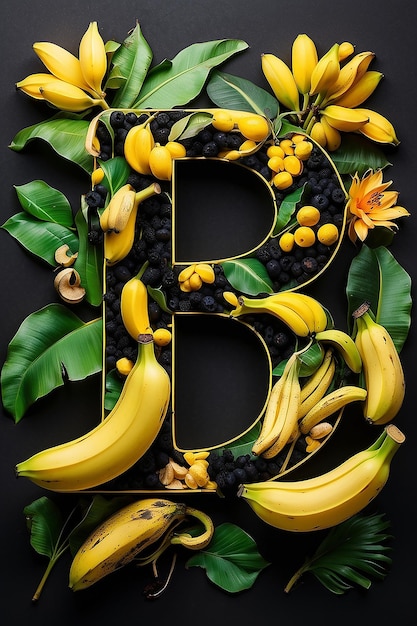 Foto una lettera a forma di lettera b riempita di banane e ombre di alberi accanto e all'interno