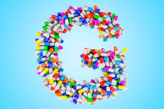 Letter G from medicine capsules pills 3D rendering