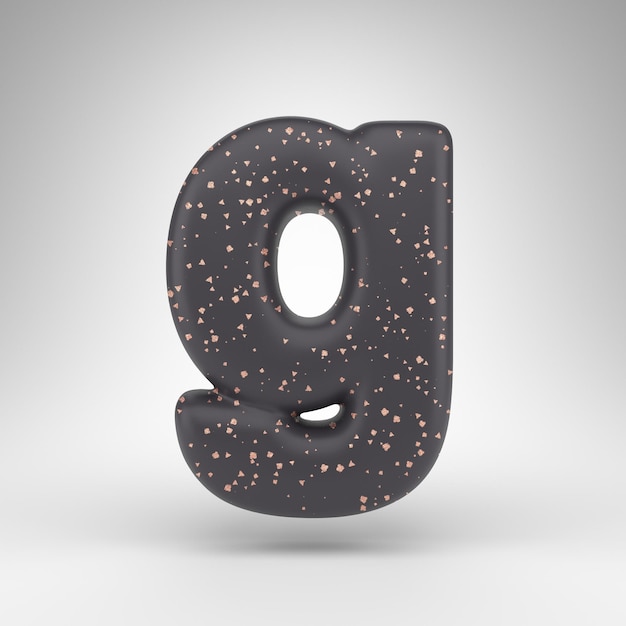 Photo letter g lowercase on white background. black matte 3d rendered font with copper dots texture.