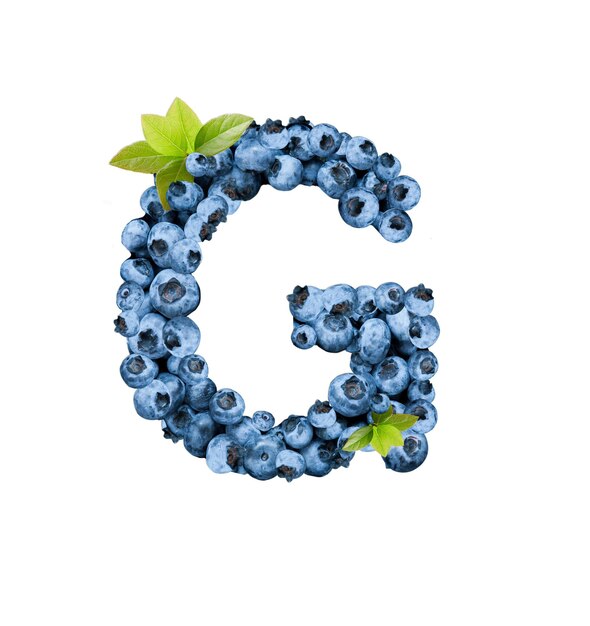 Photo letter g, made with fresh blueberries isolated on white. bluberries font of full alphabet set of upper case letters.