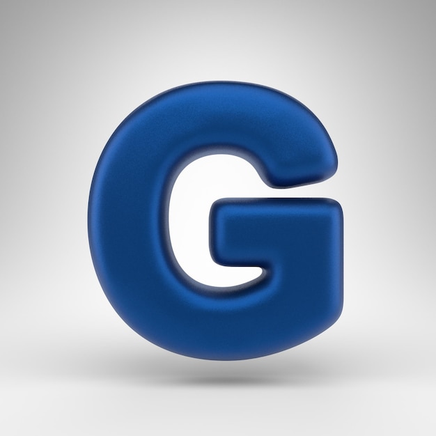 Photo letter g uppercase on white background. anodized blue 3d rendered font with matte texture.