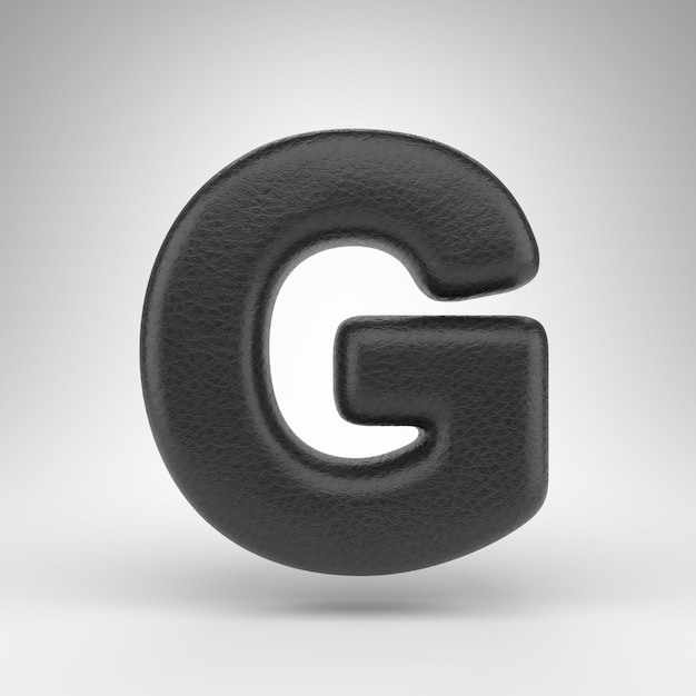 Letter G uppercase on white background. Black leather 3D rendered font with skin texture.