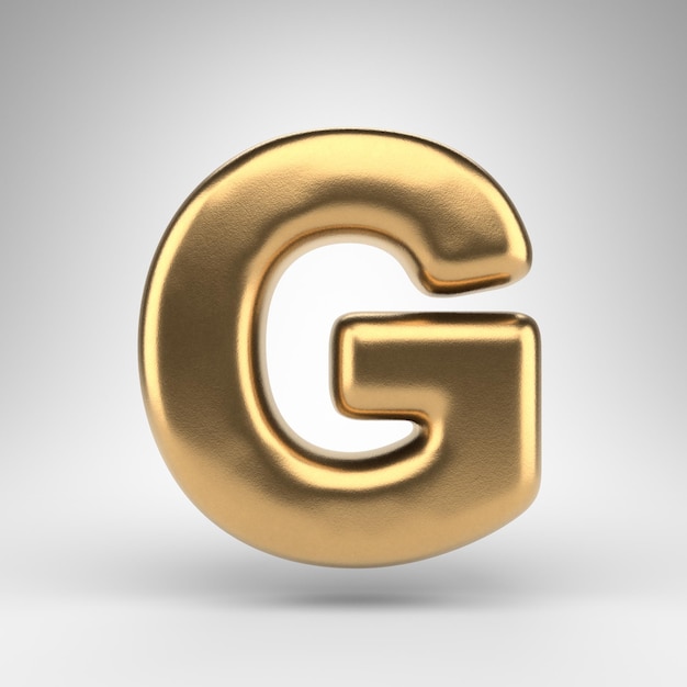 Photo letter g uppercase on white background. golden 3d rendered font with gloss metal texture.