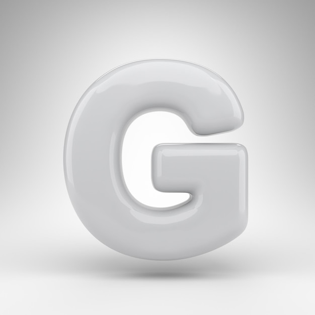 Letter G uppercase on white background. White plastic 3D rendered font with glossy surface.