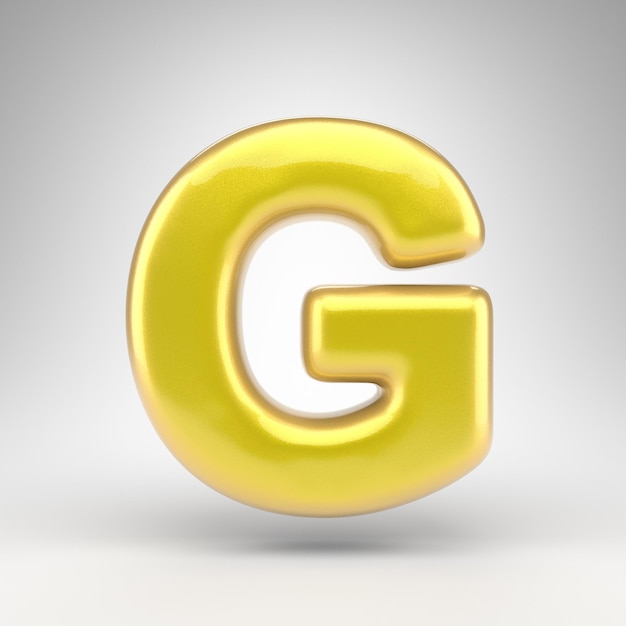 Photo letter g uppercase on white background. yellow car paint 3d rendered font with glossy metallic surface.