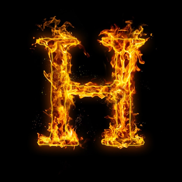 Letter H. Fire flames on black , realistic fire effect with sparks.