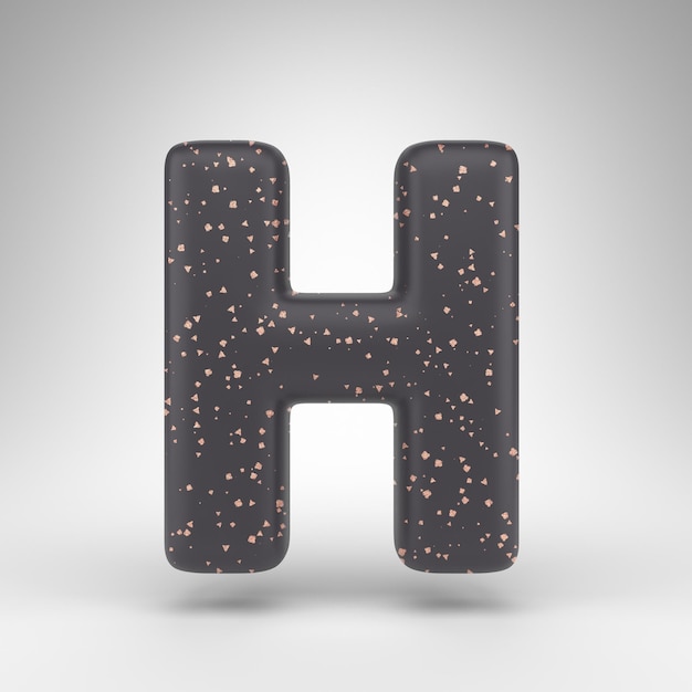 Letter H hoofdletters op witte achtergrond. Zwart mat 3D-gerenderde lettertype met koperen stippen textuur.
