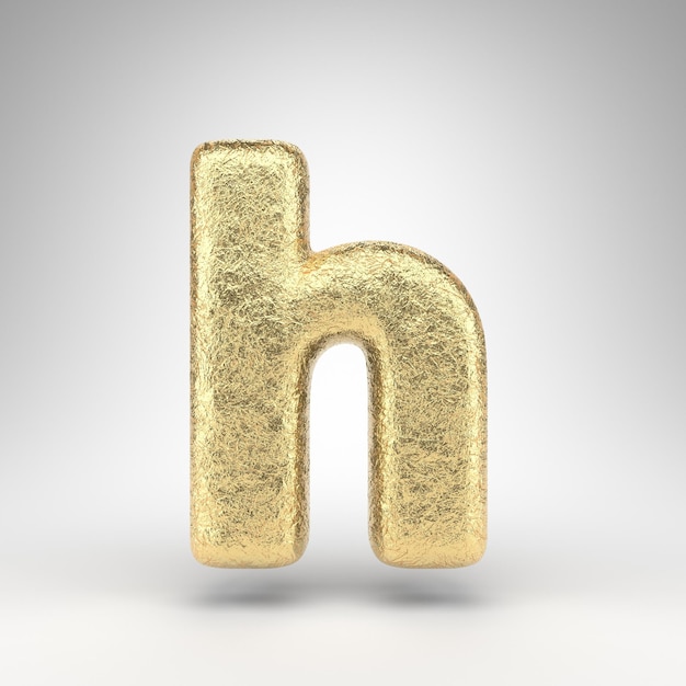 Photo letter h lowercase on white background. creased golden foil 3d rendered font with gloss metal texture.