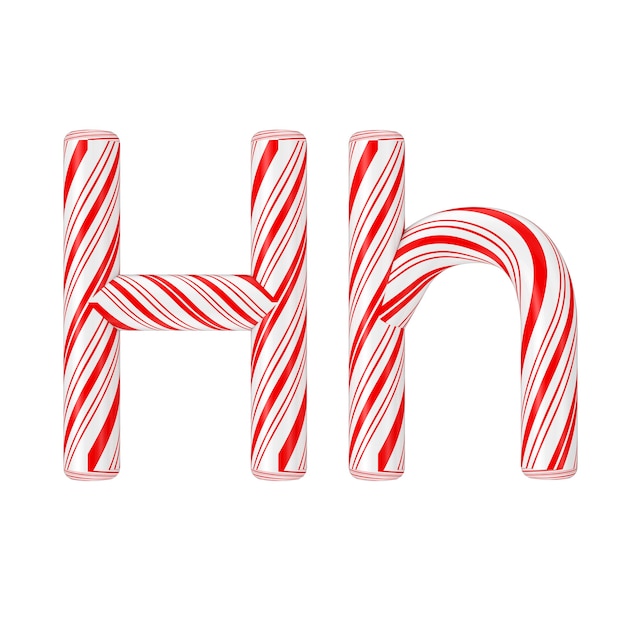 Letter h mint candy cane alfabet collectie gestreept in rode kerst kleur op een witte achtergrond. 3d-rendering