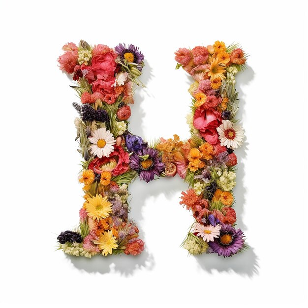 The letter H typography made out of flowers bright white background