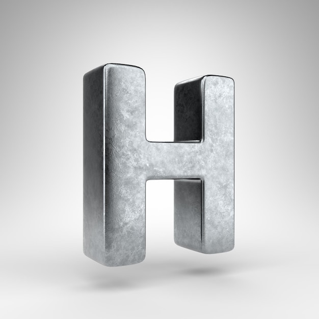 Letter H uppercase on white background. Gun metal 3D rendered font with rough metal texture.