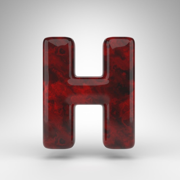 Foto lettera h maiuscola su sfondo bianco. lettera 3d ambra rossa con superficie lucida.