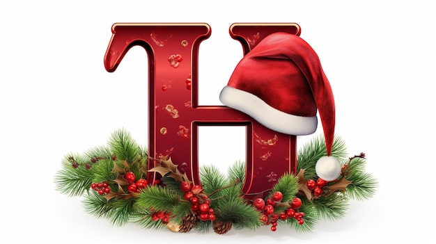 Letter H versierd met kerstversieringen met rode kerstmanhoed