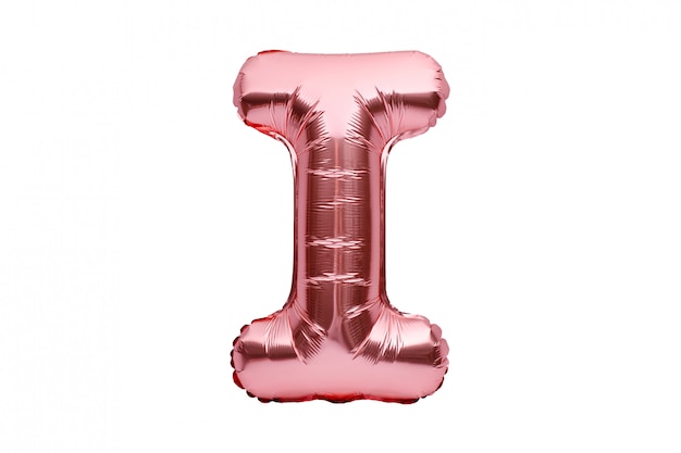 Letter I made of rose golden inflatable helium balloon isolated on white. Gold pink foil balloon font part of full alphabet set of upper case letters.