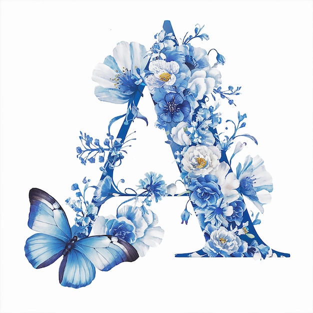 Photo a letter a is painted with blue flowers and butterflies